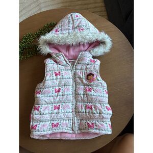 Vintage Y2K Dora the Explorer Puffer Vest Faux Fur Hood Pink Butterfly 3T